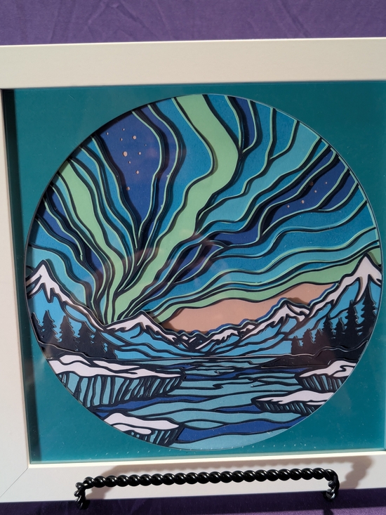 Hand Crafted Other - Hand Crafted Teal Blue Green Mountain Aurora Mixed Media Wall Art